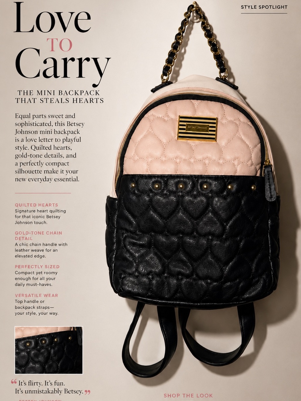 Betsey Johnson Pink and Black Quilted Heart Mini Backpack with Gold Chain